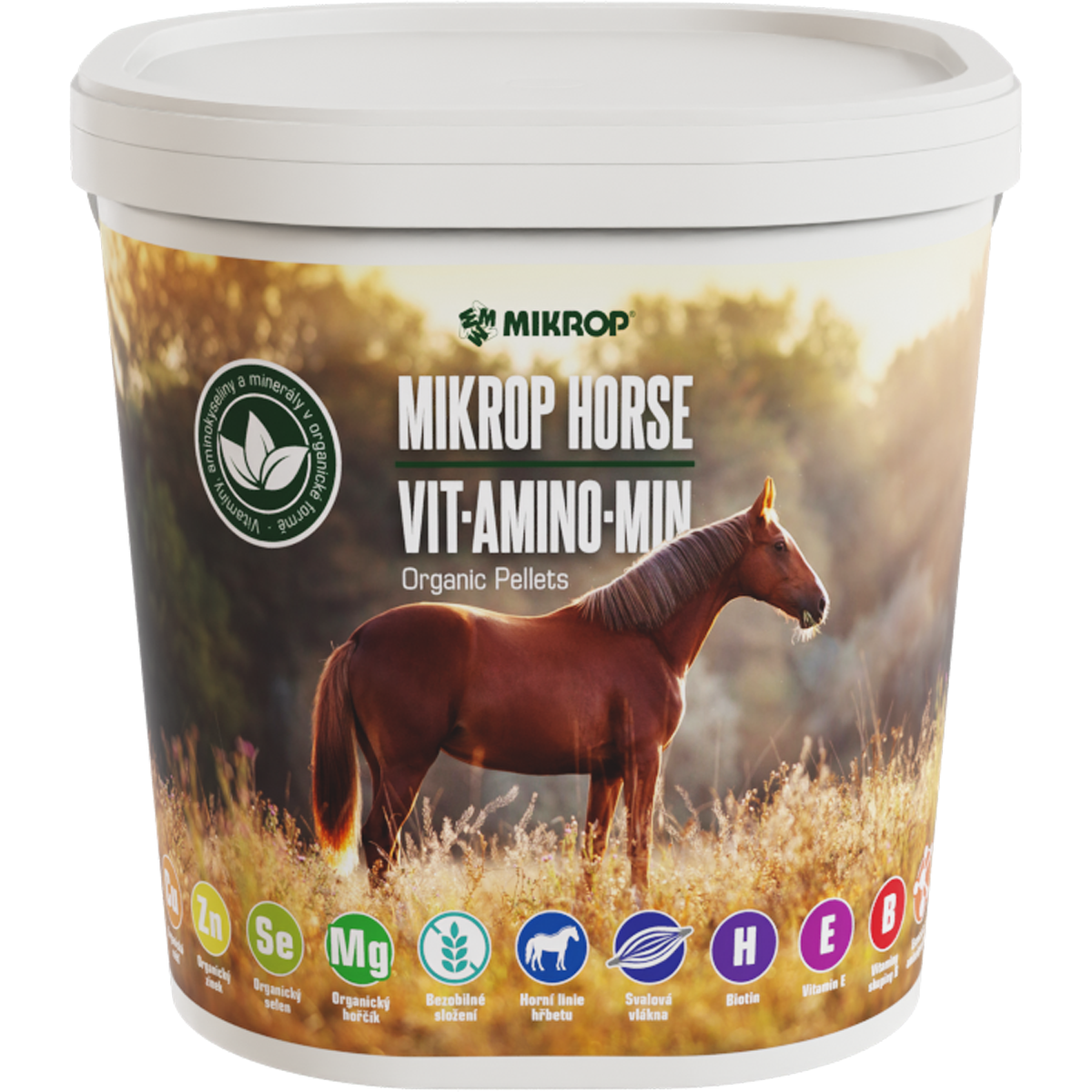 MIKROP® HORSE granulovaná minerálka VIT.AMINO.MIN organická 6,5 kg (Prémiové organické vitamíny a minerály do kyblíčku ve formě granulek)